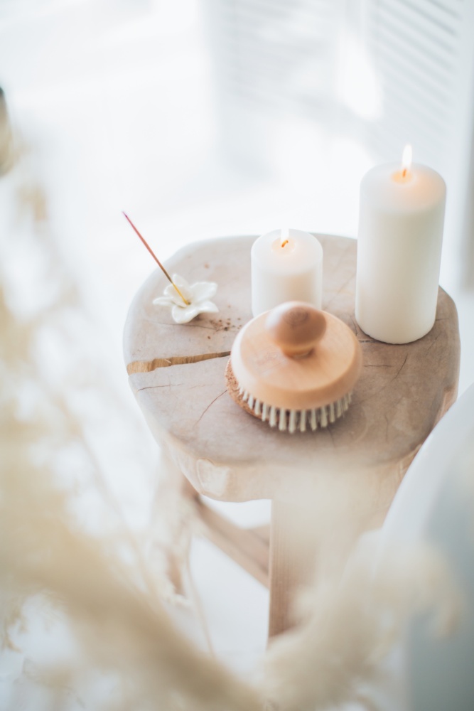 Spa candle, incense and dry body brush