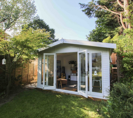Oliver Darley uses his garden Studio as a Music Room. Read more about this chic Studio Apex by Malvern Garden Buildings