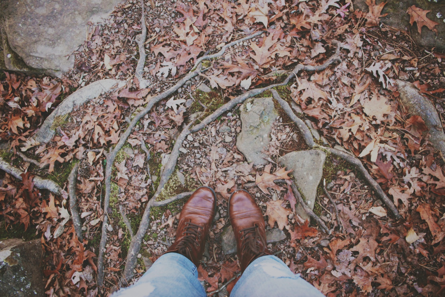 Looking down at boots while standing in forest covered with autumn leaves