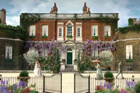 Rangers House in London. A grand Georgian villa used in the Netflix series Bridgerton. The front of the house is adorned with lilac flowering Wisteria that was created for the show.