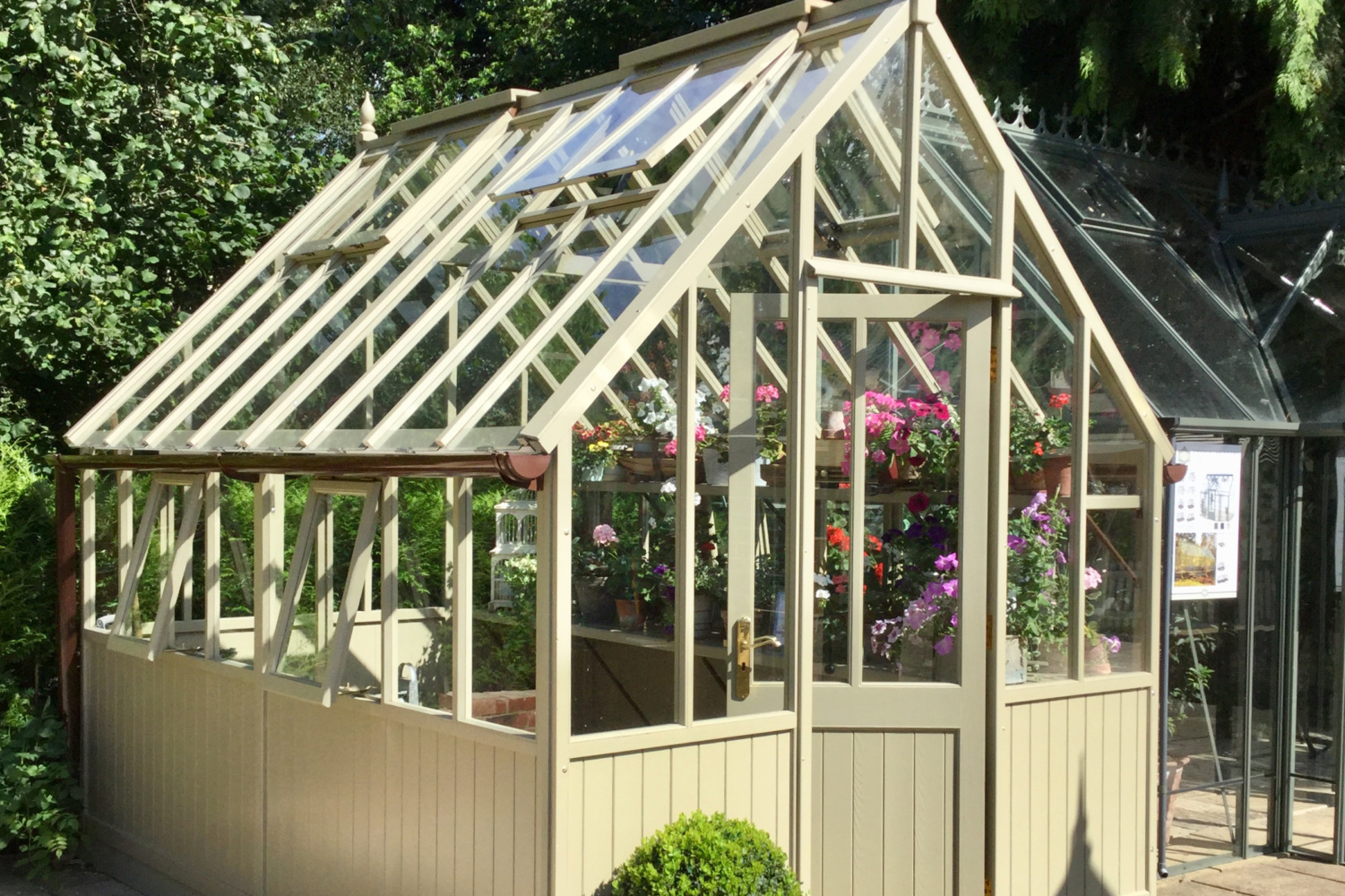 A wooden greenhouse painted in cream, filled with summer flowers