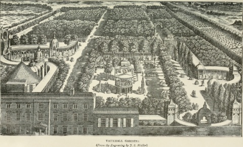 A vintage drawing depicting Vauxhall's Pleasure Gardens