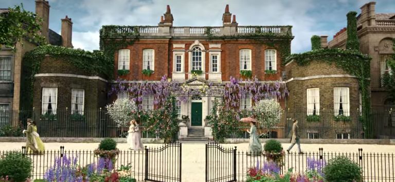 Rangers House in London. A grand Georgian villa used in the Netflix series Bridgerton. The front of the house is adorned with lilac flowering Wisteria that was created for the show.