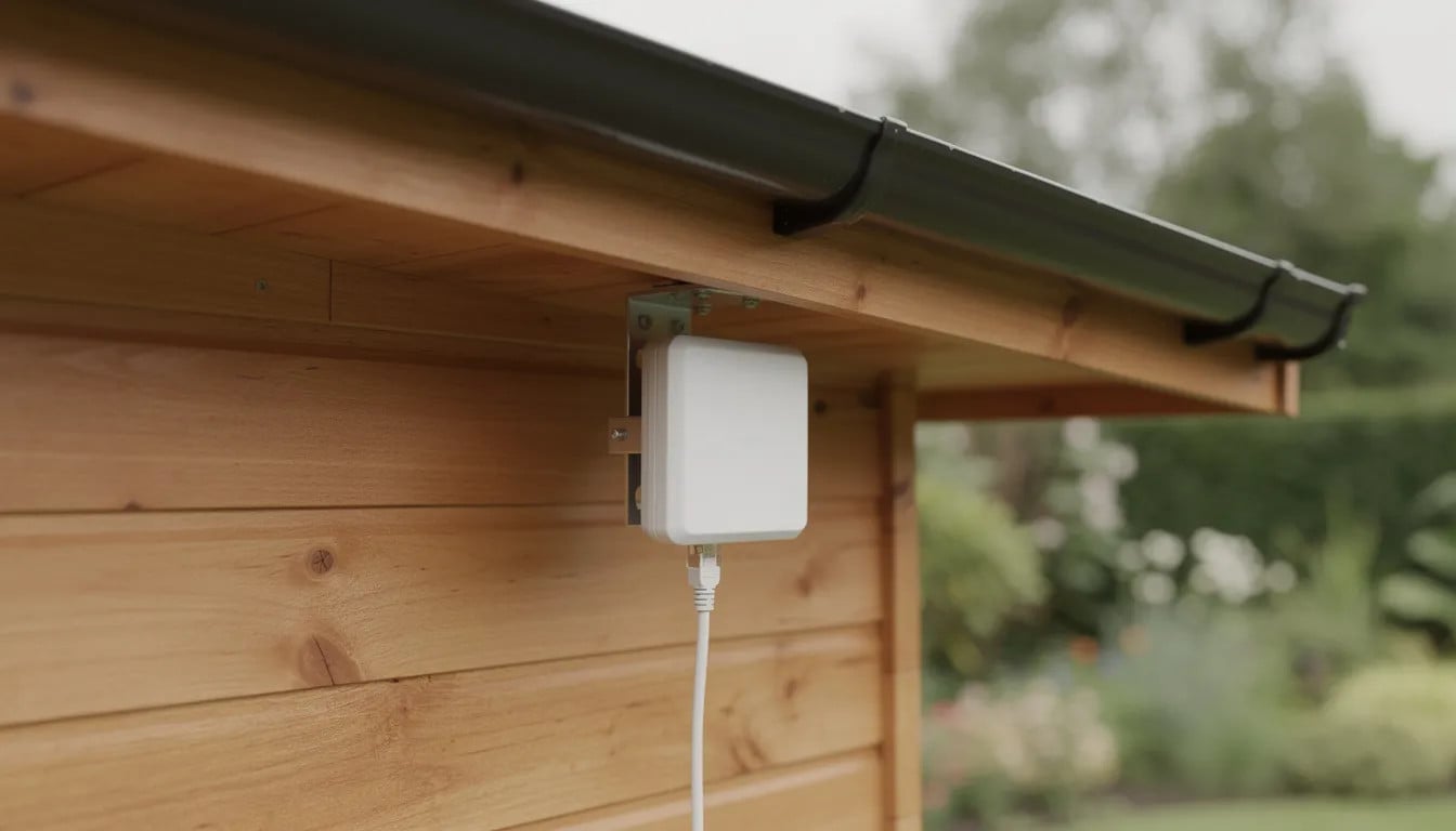 A point-to-point wireless bridge unit securely mounted under the eaves of a timber garden building.
