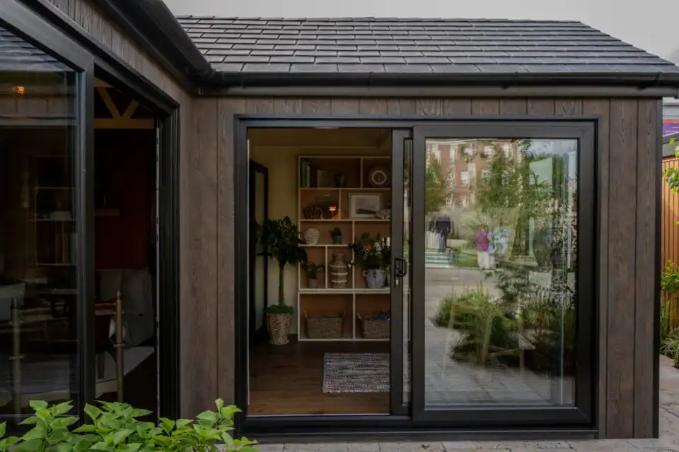 Interior of the Malvern Garden Buildings Bespoke L-Shaped Garden Room at Chelsea Flower Show 2026