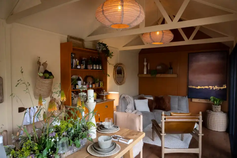 Interior of the Malvern Garden Buildings Bespoke L-Shaped Garden Room at Chelsea Flower Show 2026