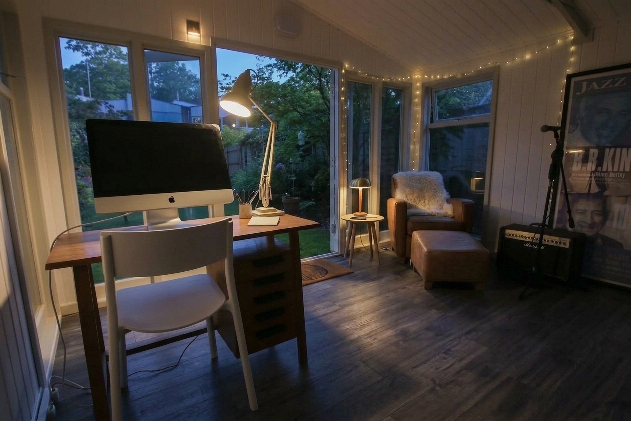 Garden office at dusk with layered lighting warm fairy lights strung above adjustable desk lamp for task lighting ambient ceiling spots and large windows maximizing natural light