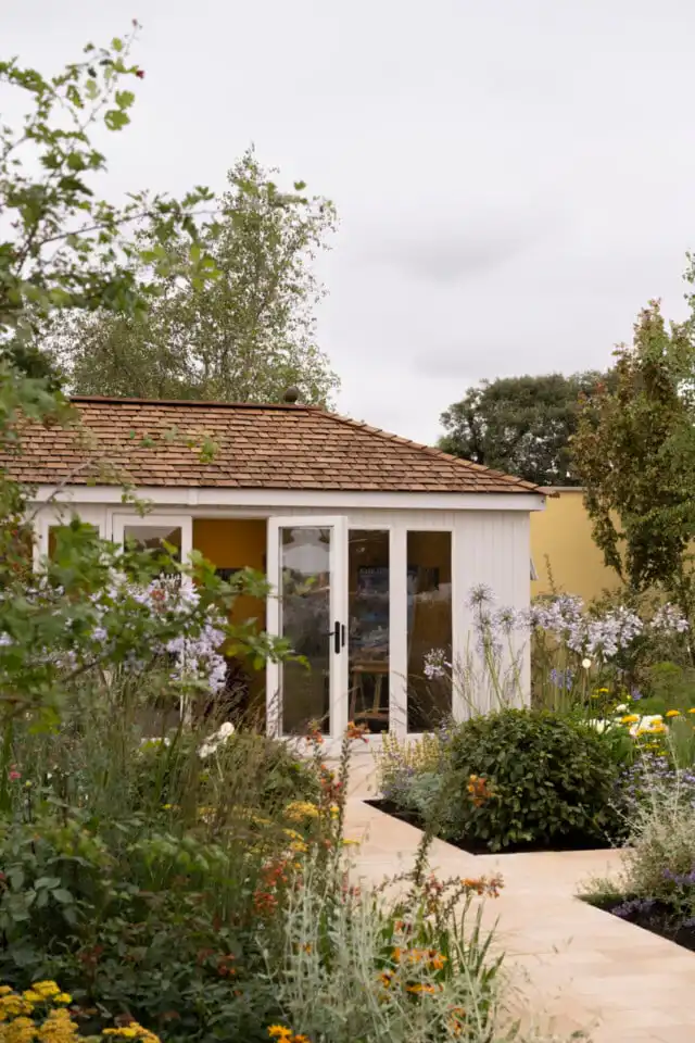 malvern garden buildings studio hipped in show garden at RHS Sandringham flower show