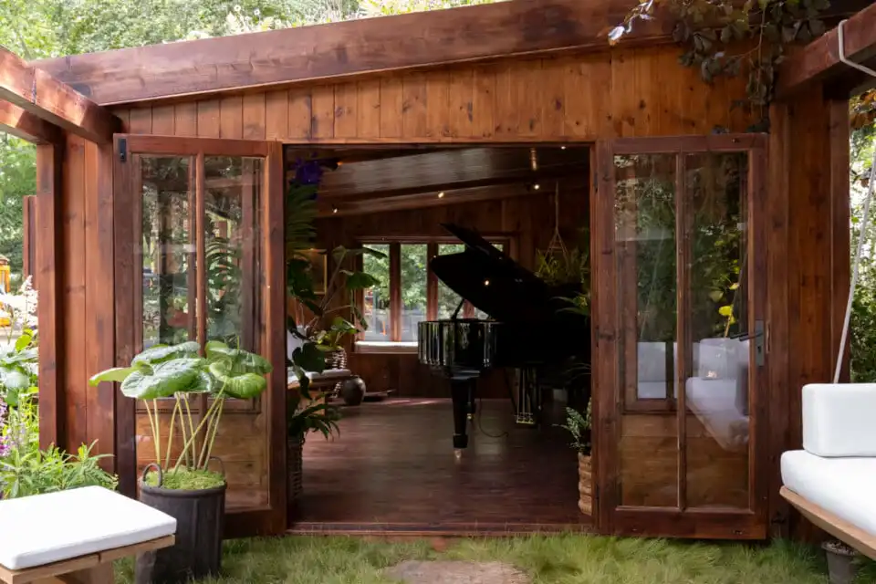 Interior of the Composer's Cabin at Chelsea Flower Show 2026 Houseplant Studios sponsored by Malvern Garden Buildings