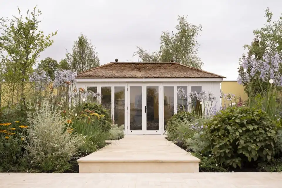 central view of steps leading to malvern garden buildings studio hipped at RHS Sandringham