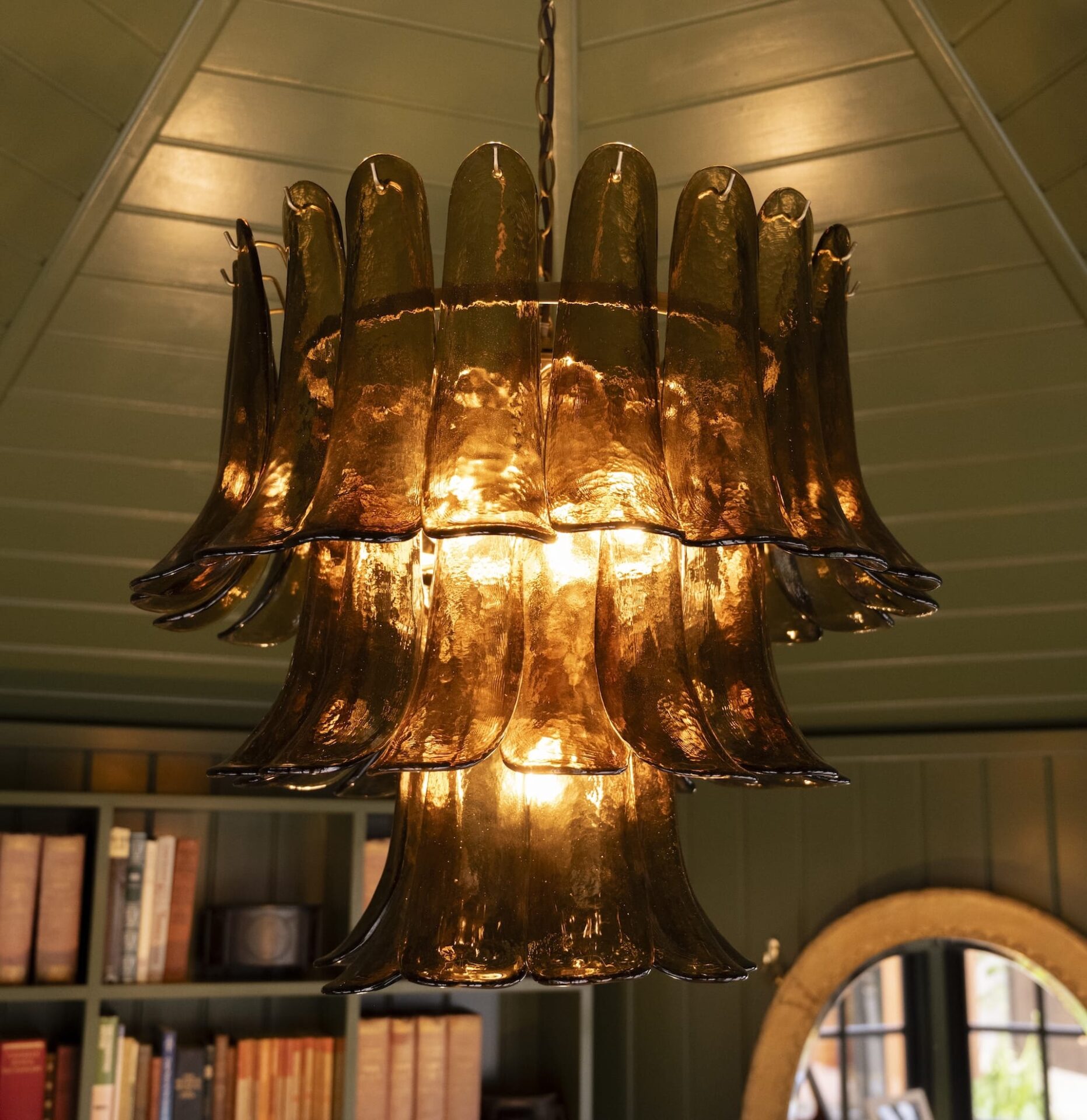 chandelier inside hopton building on mgb tradestand at RHS Chselsea