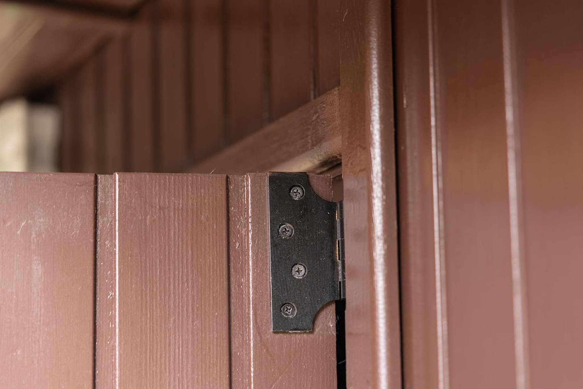 close up view of door hinge of malvern garden buildings shed located at the back of haratios garden
