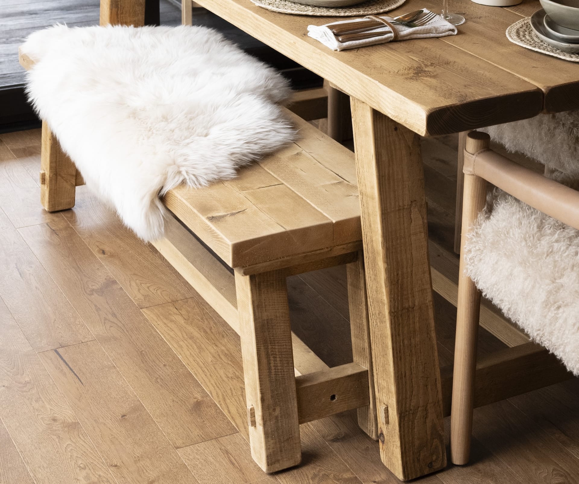dining bench inside L Shaped building on mgb tradestand at RHS Chselsea