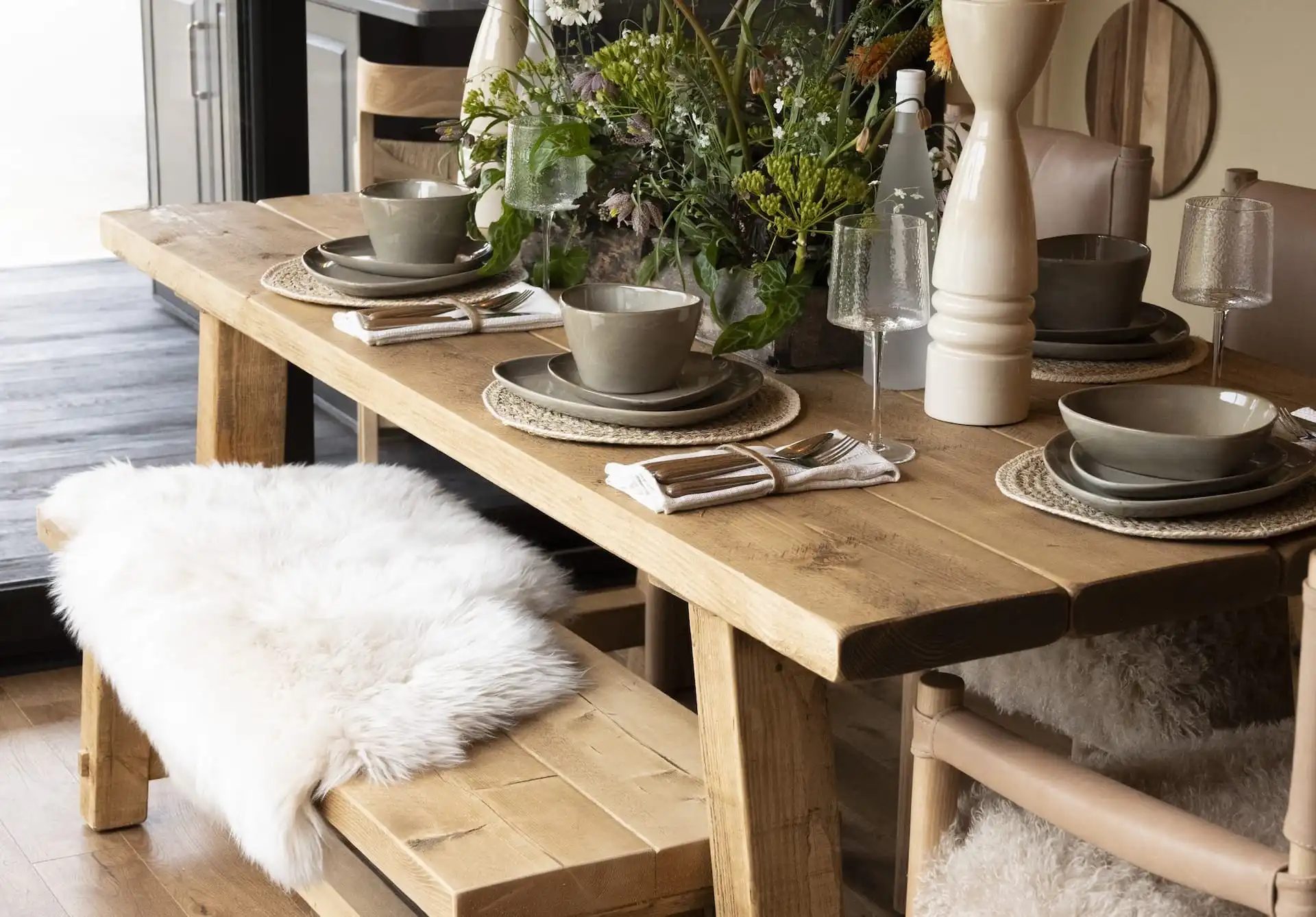 dining table inside L Shaped building on mgb tradestand at RHS Chselsea