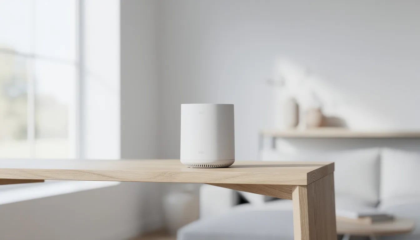 A sleek, modern white Wi-Fi mesh node is positioned on a wooden shelf in a bright, minimalist room.