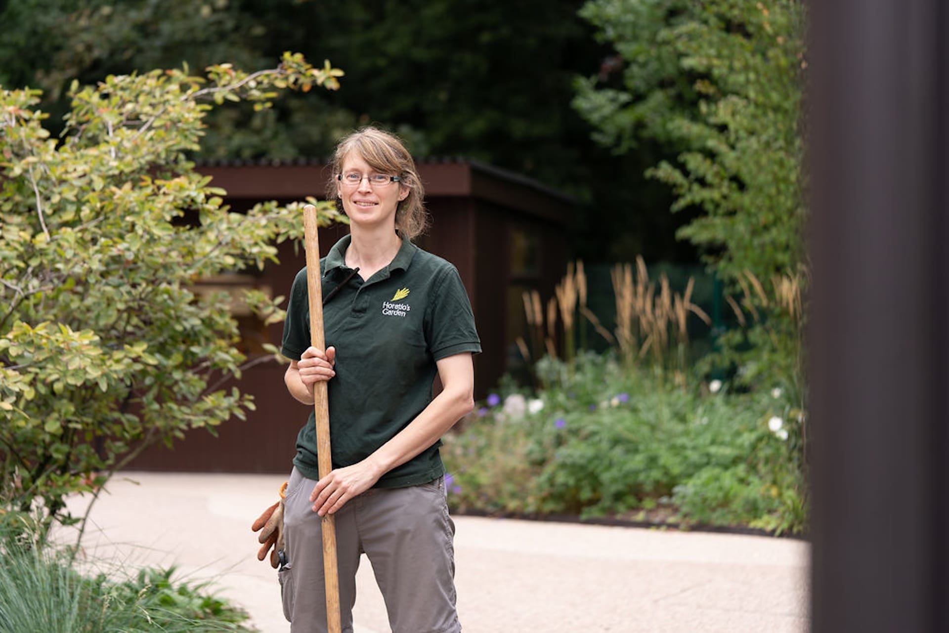 ruth calder head gardener standing inside horatios garden