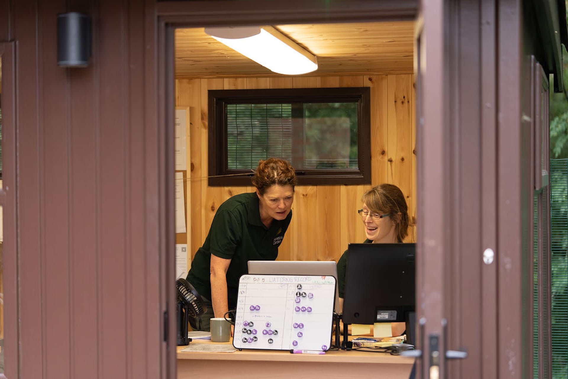 staff inside malvern garden buildings shed working at desk located at the back of haratios garden
