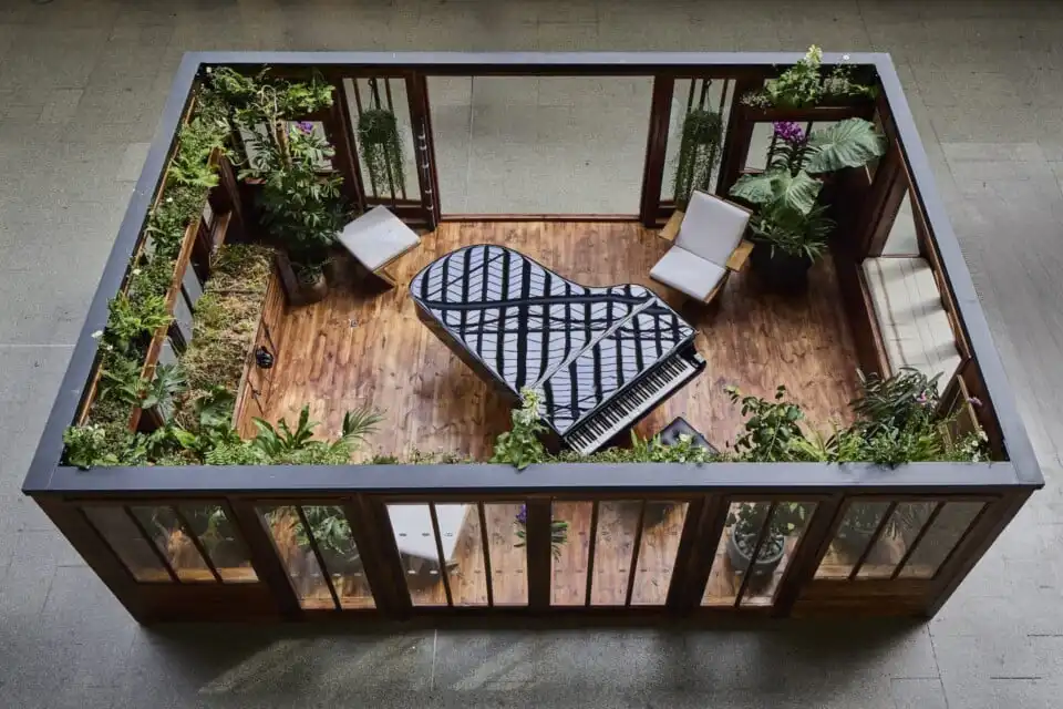 top view of composers cabin on display at st pancras